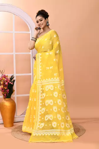 Yellow festive cotton silk jamdani saree with running blouse