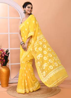 Yellow festive cotton silk jamdani saree with running blouse 3