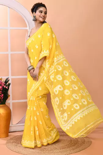 Yellow festive cotton silk jamdani saree with running blouse
