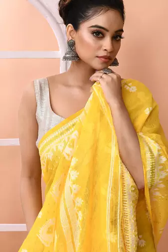 Yellow festive cotton silk jamdani saree with running blouse