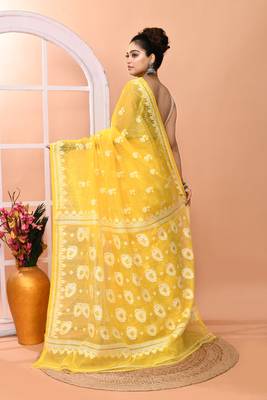 Yellow festive cotton silk jamdani saree with running blouse 5