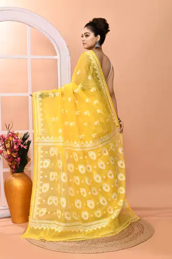 Yellow festive cotton silk jamdani saree with running blouse
