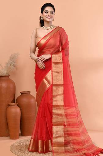 Red festive organza saree with running blouse