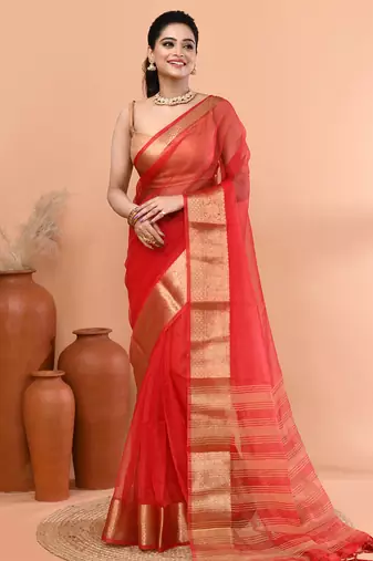 Red festive organza saree with running blouse