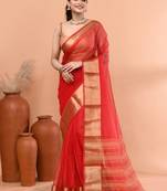 Red festive organza saree with running blouse