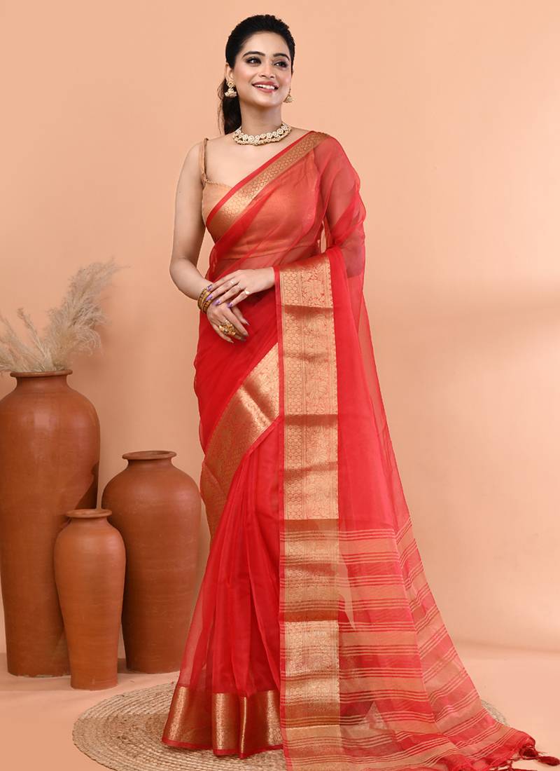Red festive organza saree with running blouse