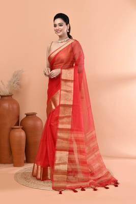 Red festive organza saree with running blouse 2