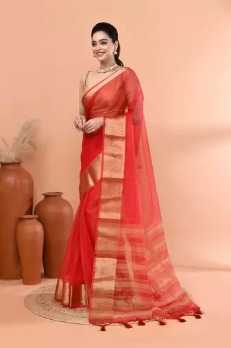 Red festive organza saree with running blouse