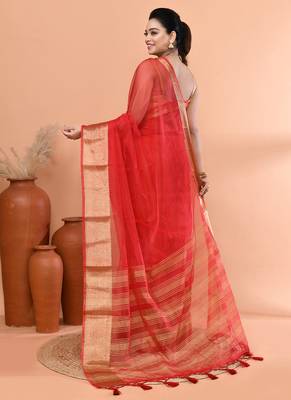Red festive organza saree with running blouse 3