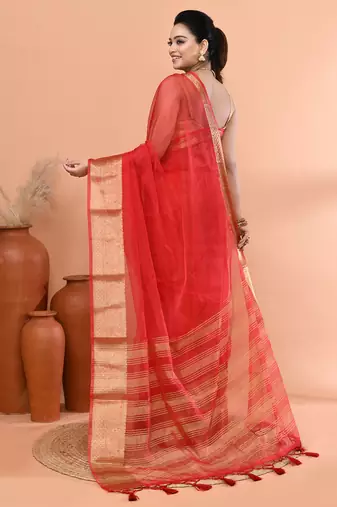 Red festive organza saree with running blouse
