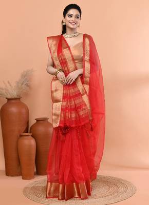 Red festive organza saree with running blouse 4