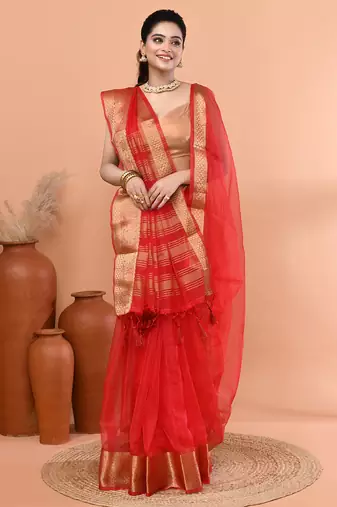 Red festive organza saree with running blouse