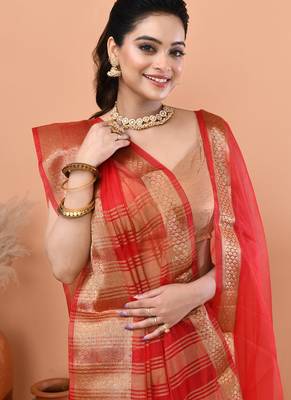 Red festive organza saree with running blouse 5