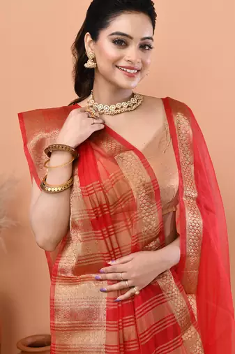 Red festive organza saree with running blouse
