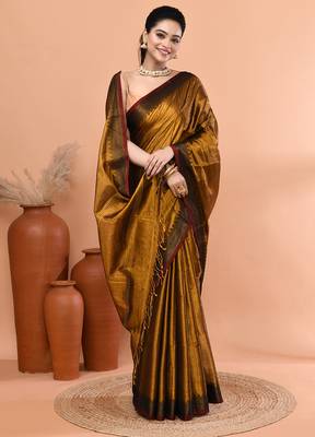 Gold festive handloom tissue saree with running blouse 3