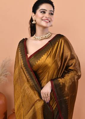 Gold festive handloom tissue saree with running blouse 4