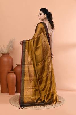 Gold festive handloom tissue saree with running blouse 5