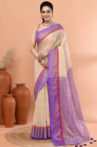 Off white festive cotton blend zari check handloom saree with running blouse