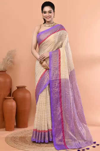 Off white festive cotton blend zari check handloom saree with running blouse