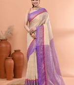 Off white festive cotton blend zari check handloom saree with running blouse