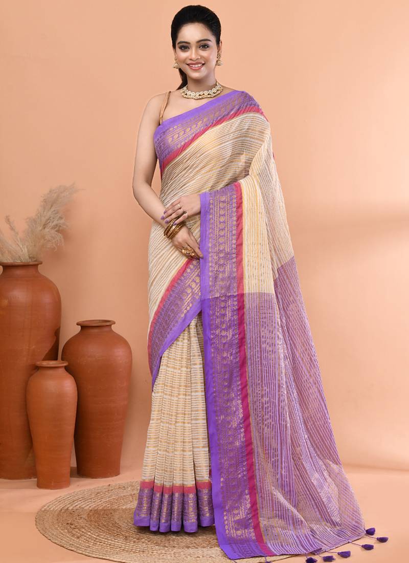 Off white festive cotton blend zari check handloom saree with running blouse