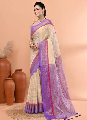Off white festive cotton blend zari check handloom saree with running blouse 2