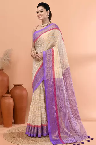 Off white festive cotton blend zari check handloom saree with running blouse