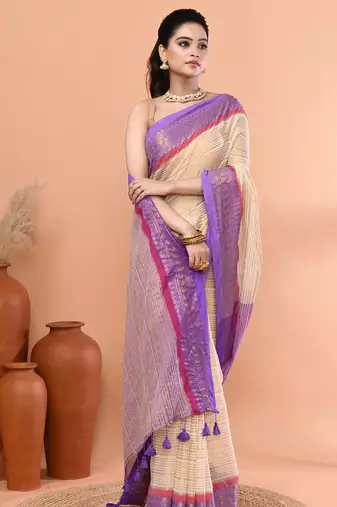 Off white festive cotton blend zari check handloom saree with running blouse