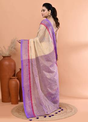 Off white festive cotton blend zari check handloom saree with running blouse 5