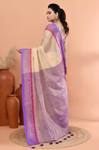 Off white festive cotton blend zari check handloom saree with running blouse