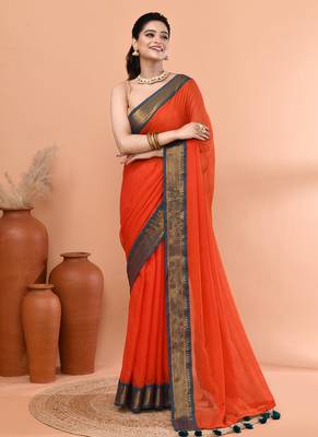 Orange festive cotton blend handloom saree with running blouse 1