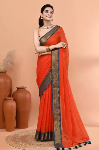 Orange festive cotton blend handloom saree with running blouse