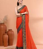 Orange festive cotton blend handloom saree with running blouse