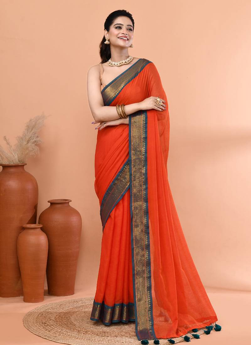 Orange festive cotton blend handloom saree with running blouse