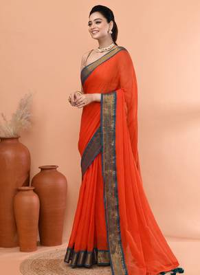 Orange festive cotton blend handloom saree with running blouse 2