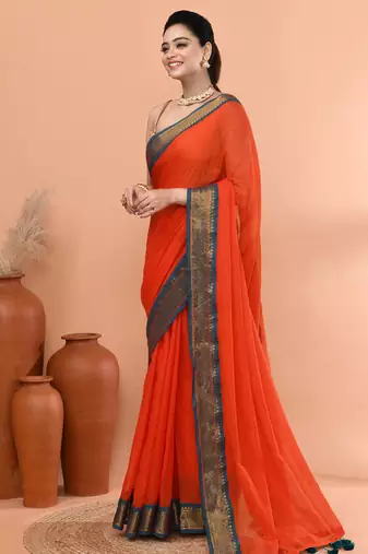 Orange festive cotton blend handloom saree with running blouse