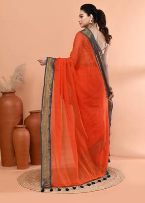Orange festive cotton blend handloom saree with running blouse 3