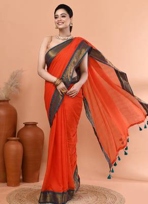 Orange festive cotton blend handloom saree with running blouse 4