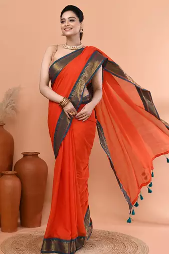 Orange festive cotton blend handloom saree with running blouse