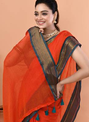 Orange festive cotton blend handloom saree with running blouse 5