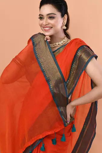 Orange festive cotton blend handloom saree with running blouse