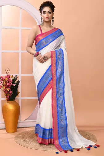 Off white festive cotton blend handloom saree with running blouse