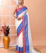 Off white festive cotton blend handloom saree with running blouse