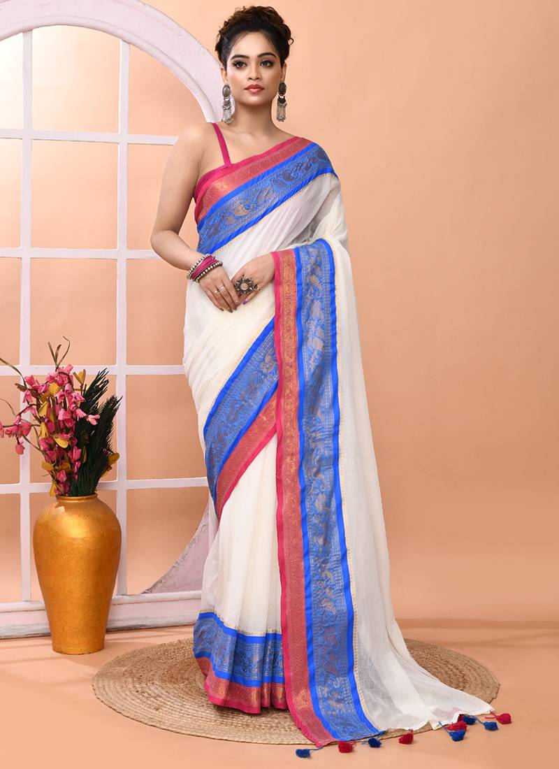 Off white festive cotton blend handloom saree with running blouse