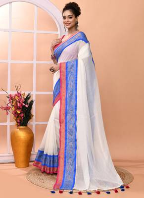 Off white festive cotton blend handloom saree with running blouse 2