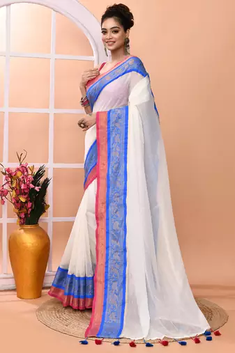 Off white festive cotton blend handloom saree with running blouse