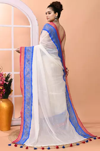 Off white festive cotton blend handloom saree with running blouse