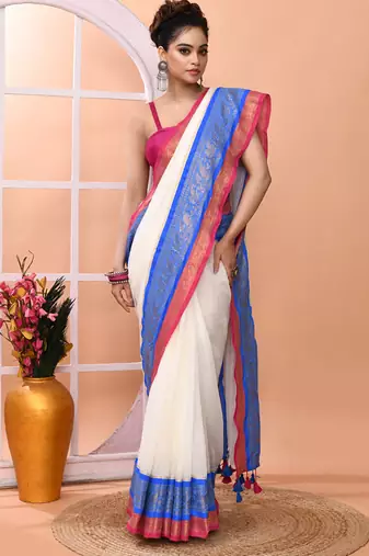 Off white festive cotton blend handloom saree with running blouse