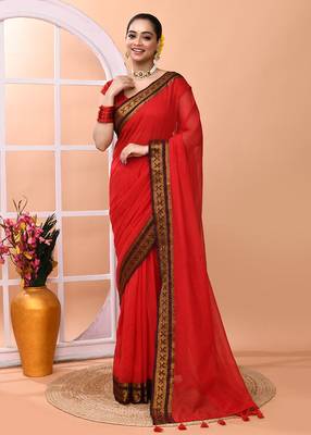 Red festive cotton blend handloom saree with running blouse 1