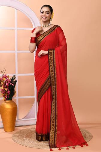 Red festive cotton blend handloom saree with running blouse